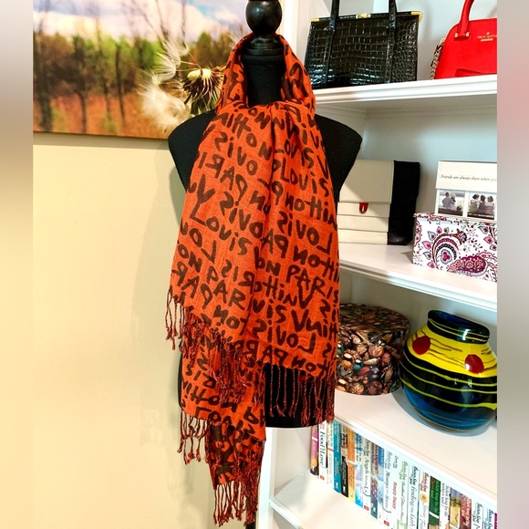 Louis Vuitton Accessories - Louis Vuitton Paris Graffiti Logo Large Black Orange Scarf/Shawl
